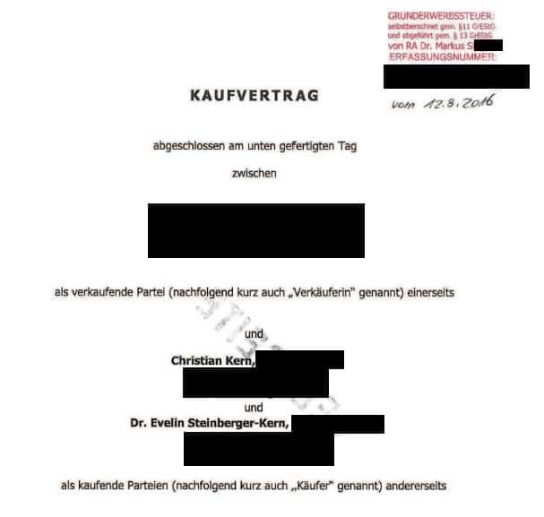 Kaufvertrag einer Immobilie von Christian Kern und Eveline Steinberger-Kern